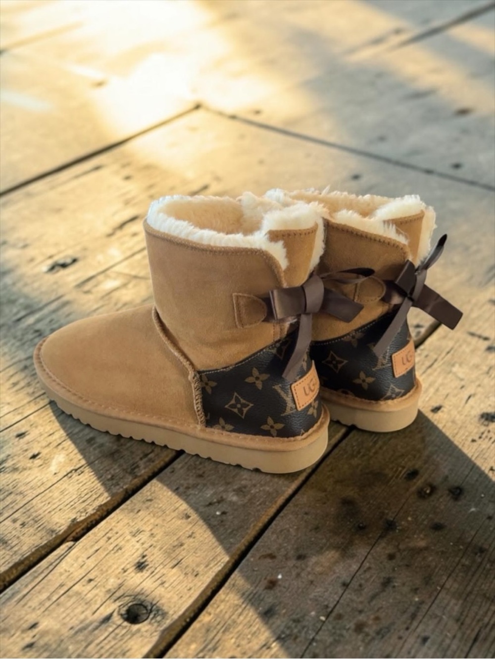 Custom Louis Vuitton Monogram UGG Bailey Bow Boots - Chestnut Size 5